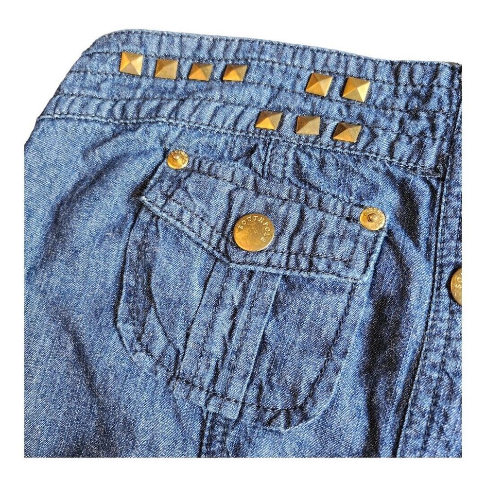 Womens Southpole Blue‎ Denim Romper Jumper Sz Medium Gold Sequin Y2K Shorts Logo - Picture 13 of 13